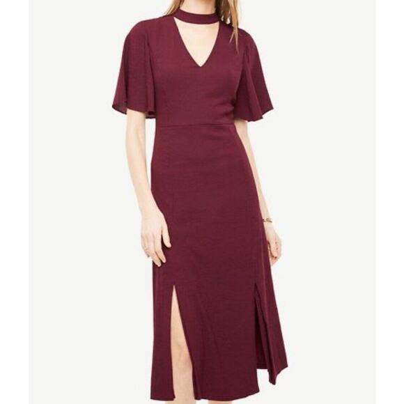 Ann Taylor Womens V-Neck Ruffle Sleeve Choker Fit & Flare Dress Sz 8 Maroon 4149 - Picture 1 of 10